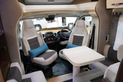 Benimar Mileo 231|Miloe 231 Kitchen|Front L lounge|Washroom|Fixed French bed|Swivel pilot seats|Control panel|Mileo 231 floorplan|