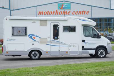 2006 Adriatik SP|Adriatik S687 SP|Rear low fixed bed|Habitation view front to back|L Kitchen|Dining for up to 6 people|Habitation rear to front|Washroom|