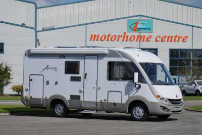 Burstner Aviano 2008|Lounge with captain swivel seats|Lounge and dining|Elevated view of front habitation|Washroom with standalone shower|Fully equipped kitchen|Washroom with fixed sink and toilet|3 Bike rack|External garage door|Garage with spare wheel|Transverse fixed bed over garage|